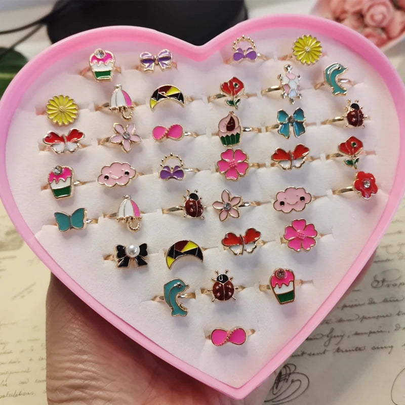 36pcs/lot Rings for Children Fruit Cartoon Christmas Ring Opening Adjustable Metal Engagement Jewelry  Gift Without Box