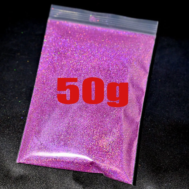 Polvo de purpurina holográfica plateada para uñas, 24 colores, brillante, 0,2 mm, para manicura DIY, 50 g/bolsa