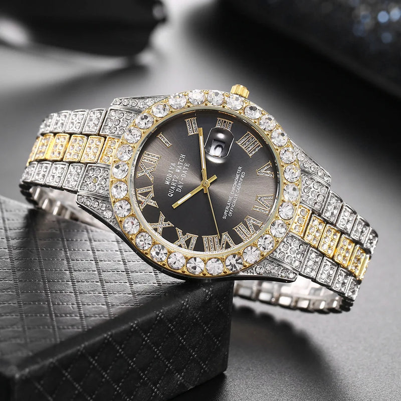 Hip Hop Iced Out Watch Men Luxury Brand Diamond Men's Watches Calendar Quartz Wristwatches Male Clock Gift for Men Drop Shipping