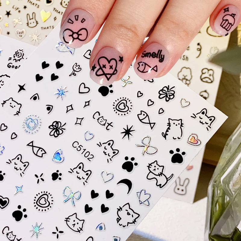 Laser Silver 3D Kawaii Cute Cat Nail Stickers Holographic Cartoon Puppy Dog Graffiti Design Sliders Decals Manicure Decoration