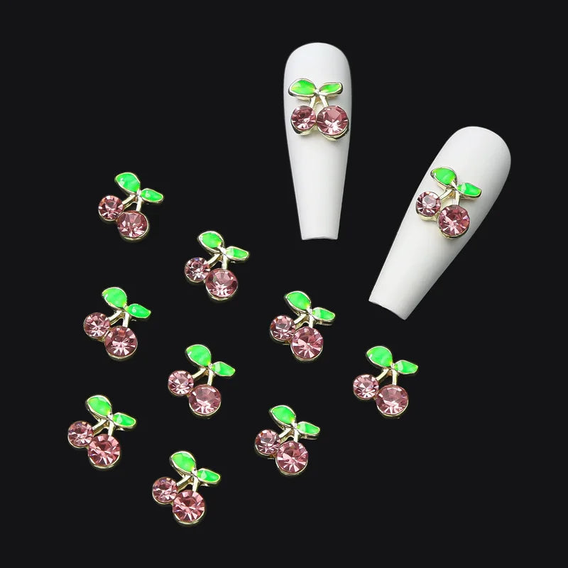 10PCS Alloy 3D Nail Art Cherry Charms Rhinestone Fruit Nails Decoration Supplies Jewelry Accessories Parts Manicure Materails
