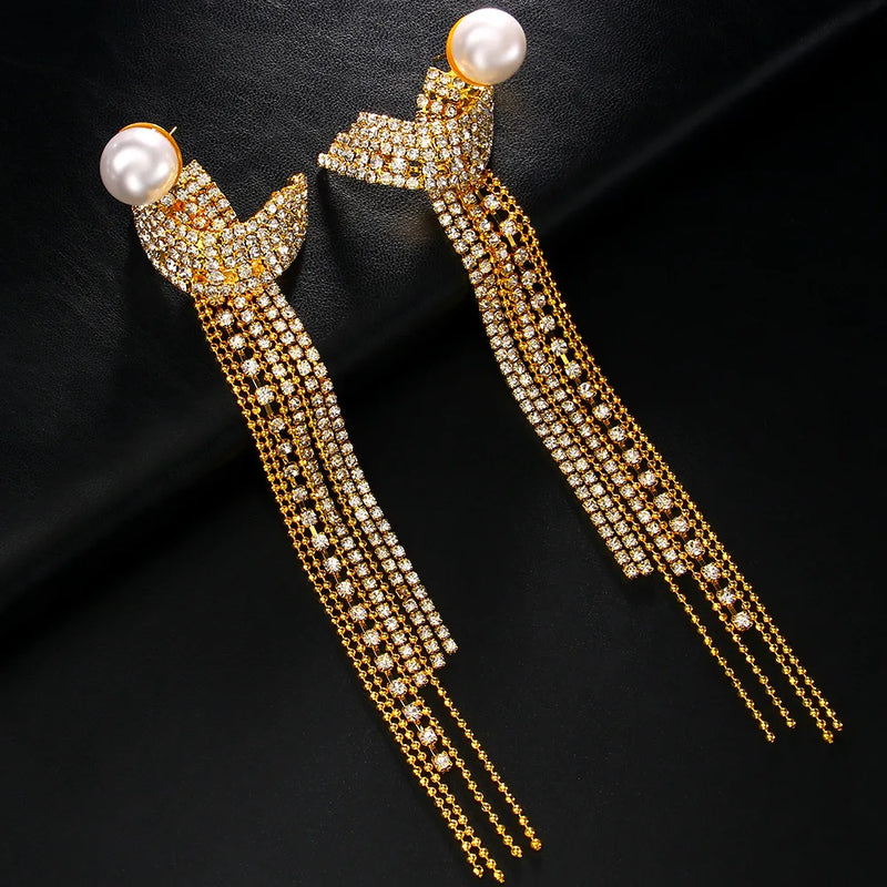 Elegant Long Tassel Rhinestone Drop Earrings Piercing Bridal Gift Square Pearl Geometric Dangle Earrings Wedding Jewelry