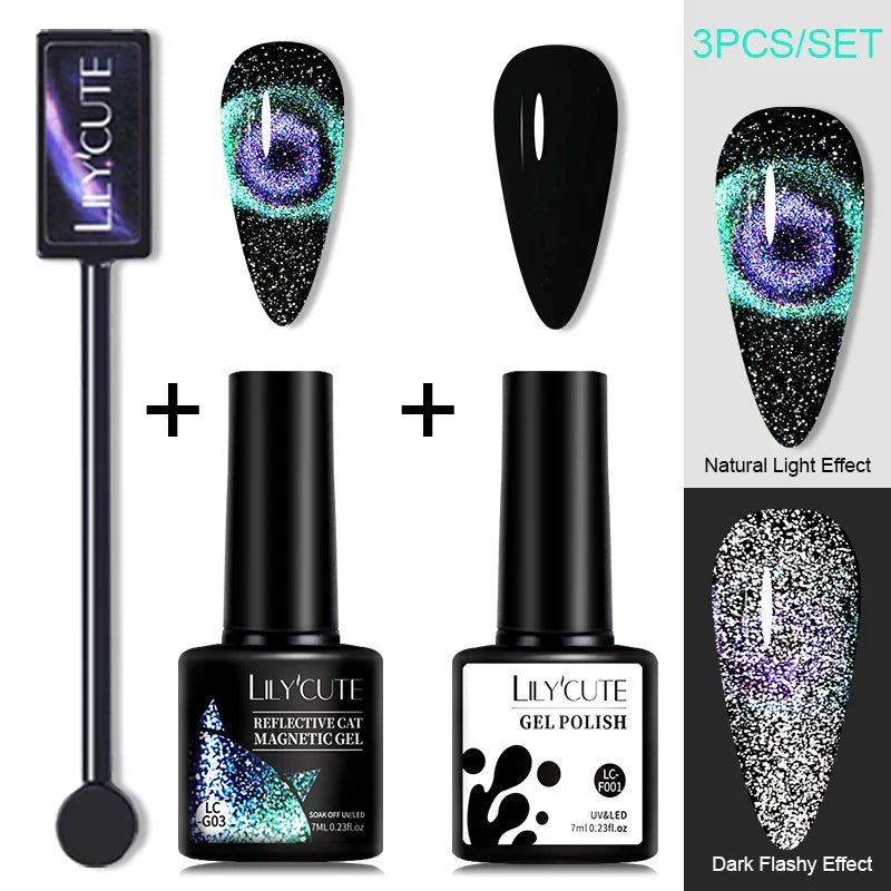 LILYCUTE 7ML 9D Cat Magnetic Gel Polish Set Semi Permanent Soak Off UV LED Glitter Nails Magnet Stick Black Gel Needed
