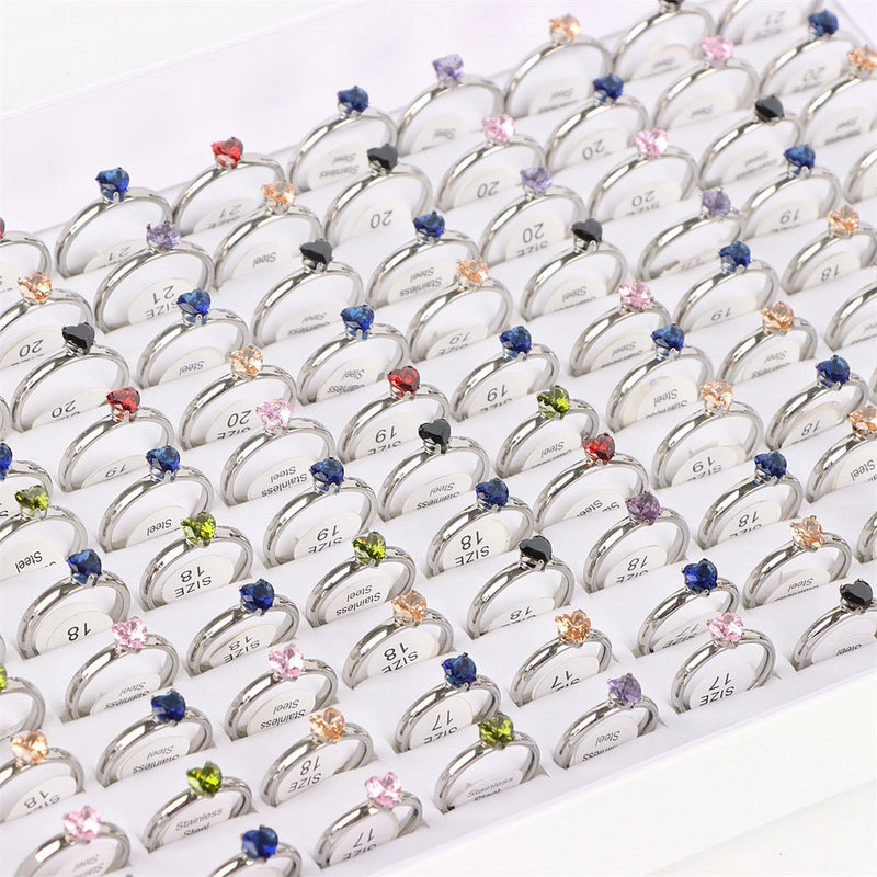 10Pcs/Lot Fashion Classic Rhinestone Stainless Steel Rings For Women Simple Shiny Colorful Finger Jewelry Wedding Party Gifts