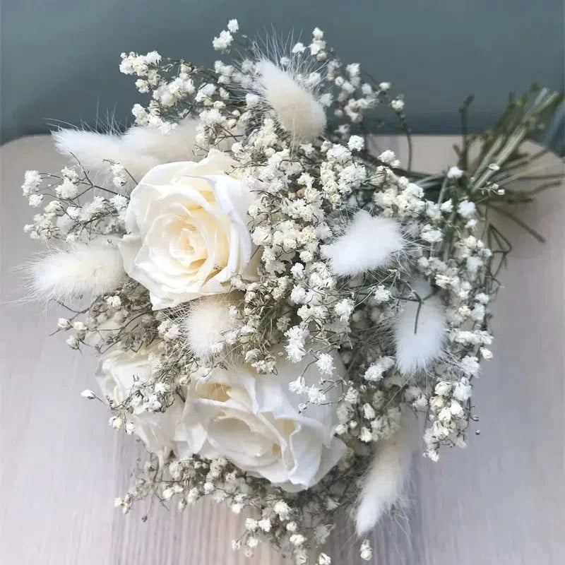 Natural Baby'sBreath Eternal Rose Wedding Bridal Bouquet Bridal Bridesmaid Hand Flowers Wedding Engagement Valentines Day Decor