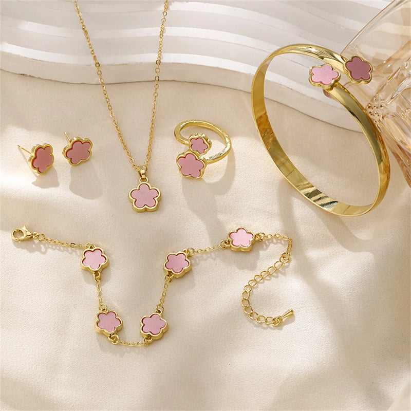Five Piece Set Five-leaf Clover Multi-Color Set Bracelet Ring Necklace Earring Women Couple Holiday Gift Set Party Daily Jewelry