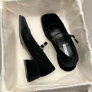 أحذية نسائية بكعب عالٍ 2023 جديدة للربيع والخريف بأزرار برأس مربع وكعب سميك من جلد الغزال وإبزيم ماري جين