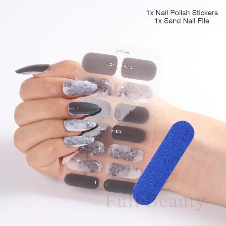 Gel Nail Stickers Lacquer Strips Full Cover Adhesive Slider Wraps With Line Foil Design Sanding File Nail Art Accessories LAJX22