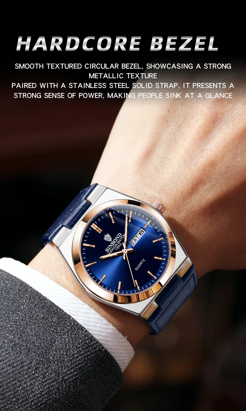 BINBOND New Authentic Youth Men's Quartz Watchwith Fashion Leather Strap Waterproof Luminous Calendar Luxury Business Men Watch