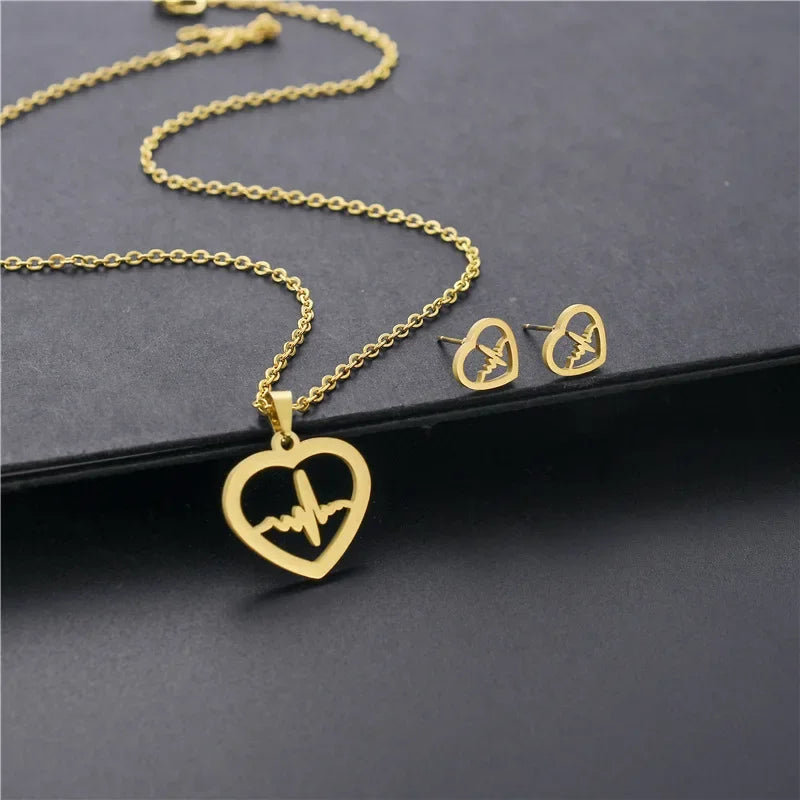 Stainless Steel Jewelry Sets EKG Heartbeat Music Note Necklaces &  Earings Set Nurse Doctor Medical Stethoscope Wave Couple Gift