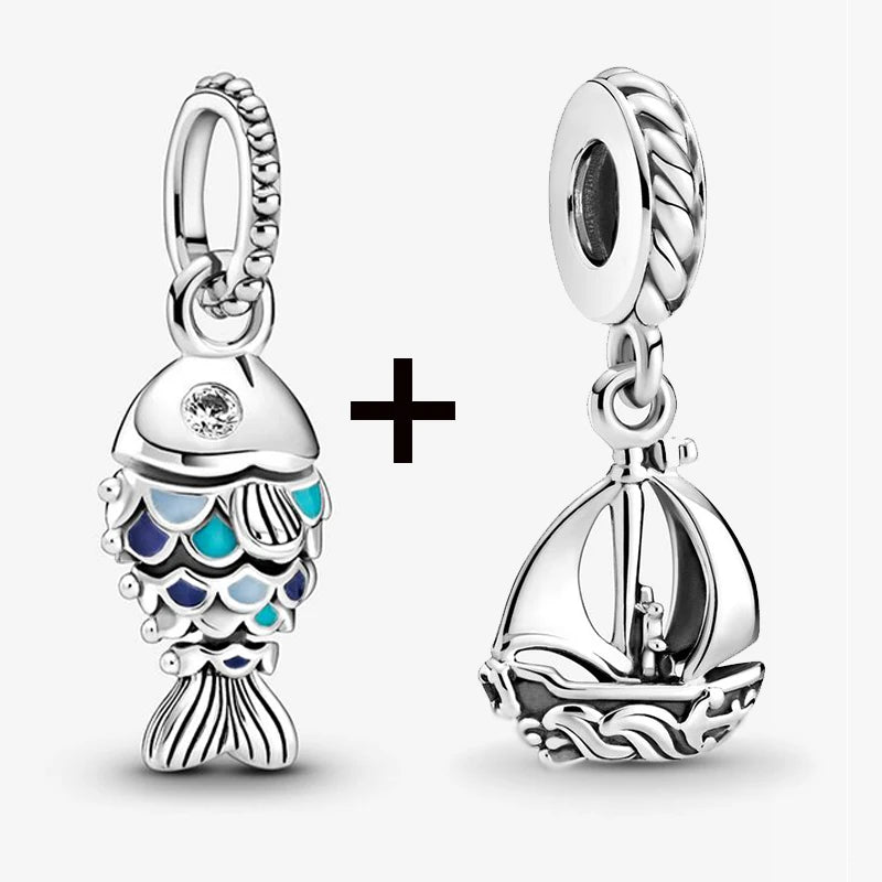 2Pcs/Lot Crystal Blue Scaled Fish Bead With Pendant Fit DIY Brand Charm Bracelet  For Women's Summer Jewelry To Making Gift