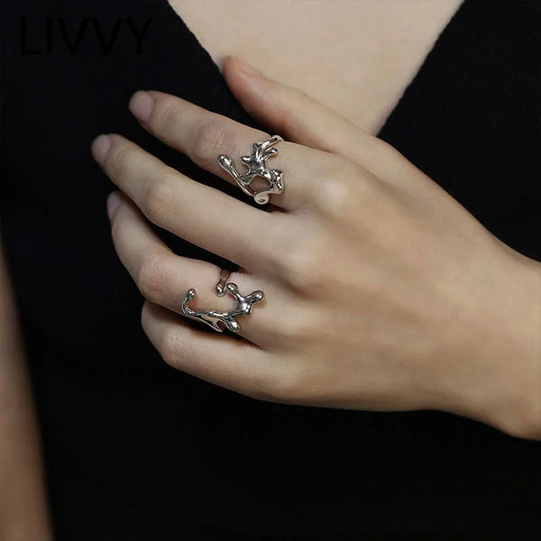 LIVVY Silver Color New Trend Vintage Elegant Irregular Hollow Branches Adjustable Rings for Women Party Jewelry
