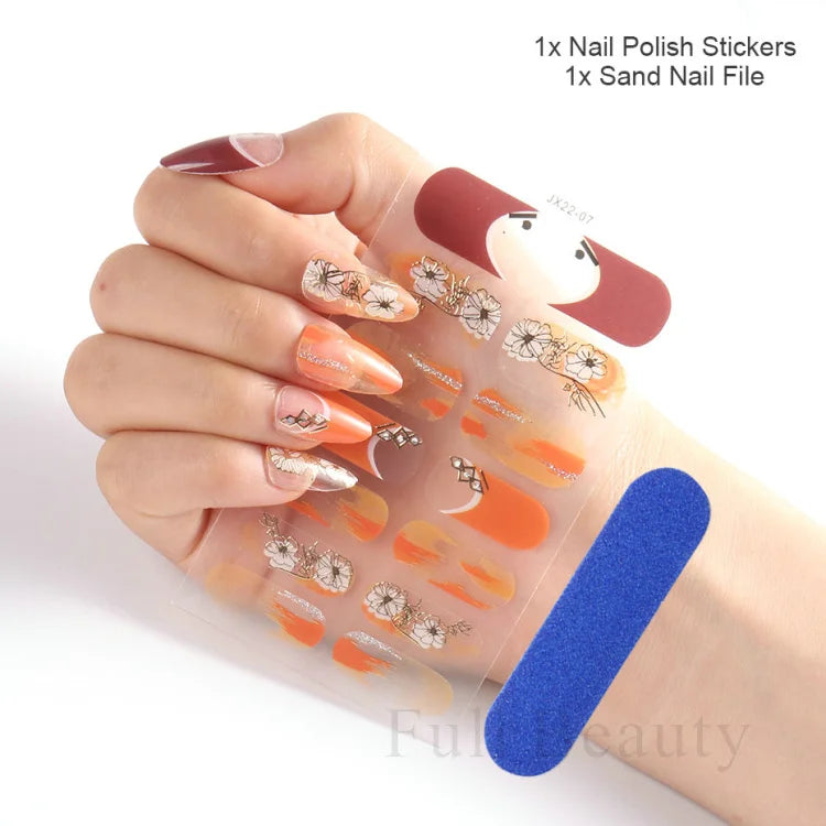 Gel Nail Stickers Lacquer Strips Full Cover Adhesive Slider Wraps With Line Foil Design Sanding File Nail Art Accessories LAJX22