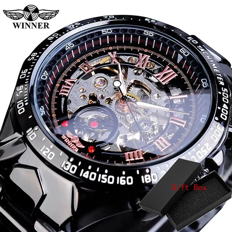 Winner Classic Series Golden Movement Steel Mens Skeleton Man Wrist Watch Mechanical Top Brand Luxury Fashion Automatic Watches