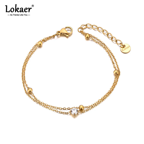 Lokaer Tiki Stainless Steel Cubic Zirconia Double Layer Chain Bracelet For Women Fashion Vintage Wedding Jewelry Браслет B24084