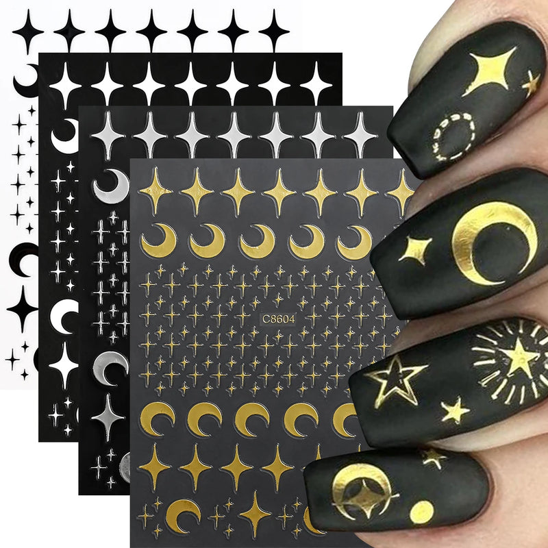 4Sheets Moon Star Heart Sun Mysterious Celestial Design Nail Art Stickers Self Adhesive Manicure Sliders For Nail Art Decoration