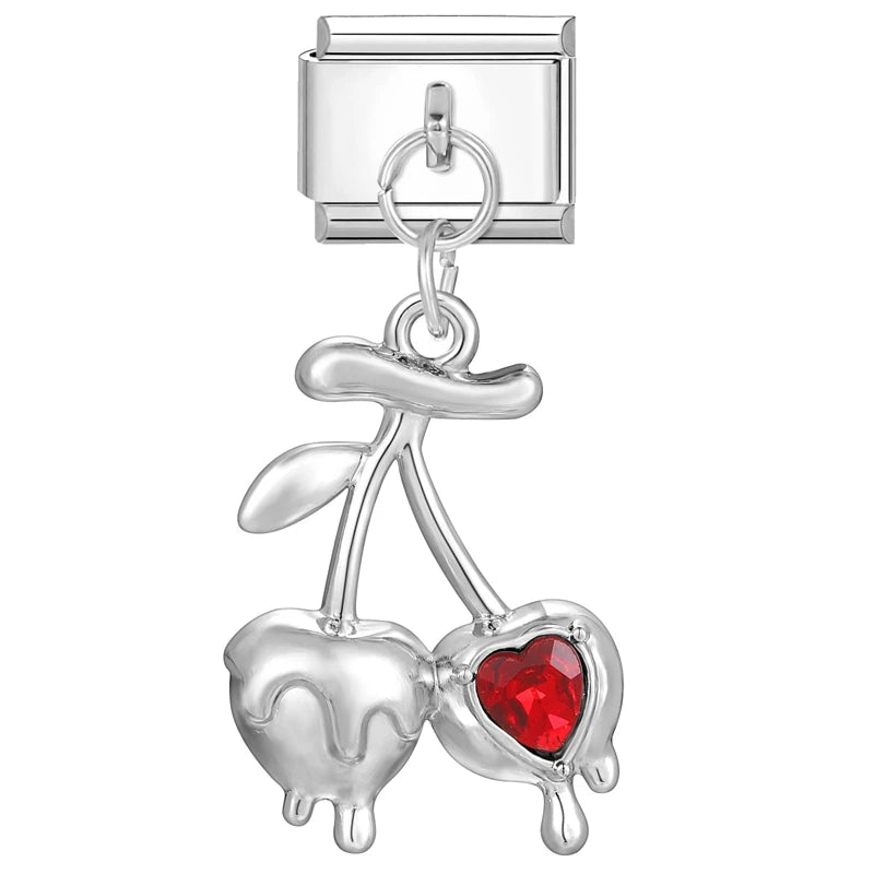 Sweet Red Cherry Bow Knot Heart Pendant Cherry Italian Charm Links Fit 9mm Stainless Steel Bracelet Women Jewelry DIY Making