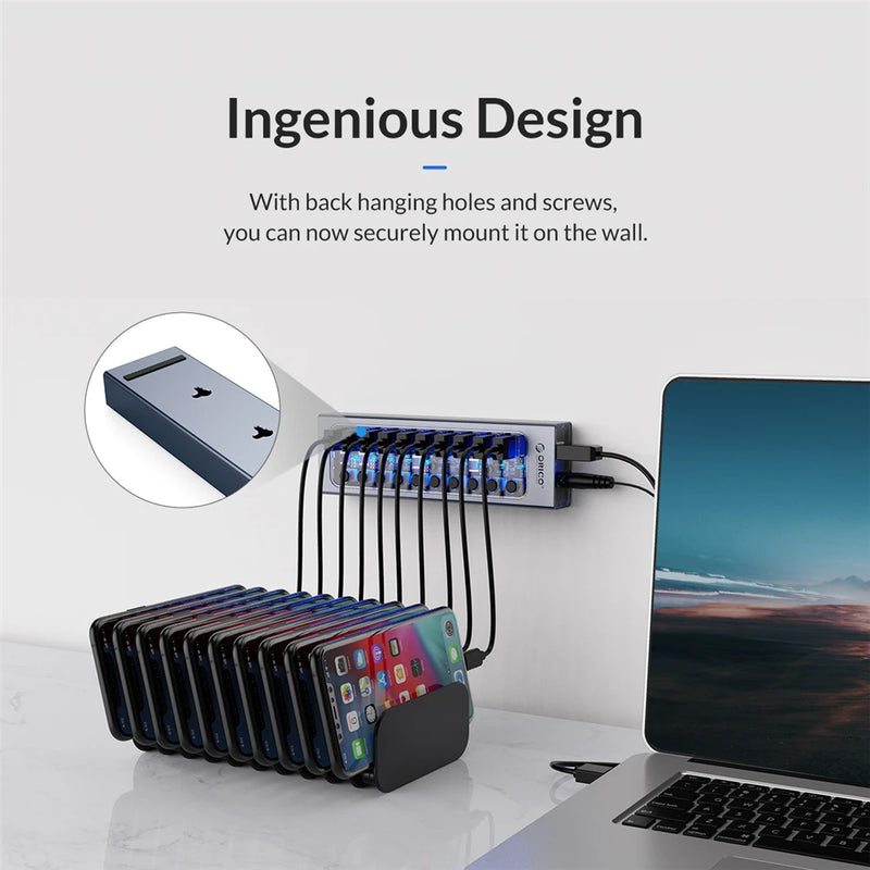 ORICO Powered USB Hub Splitter Socket with 7/10/13/16 Ports USB 3.0 Extension with On/Off Switches 12V Power Adapter for PC