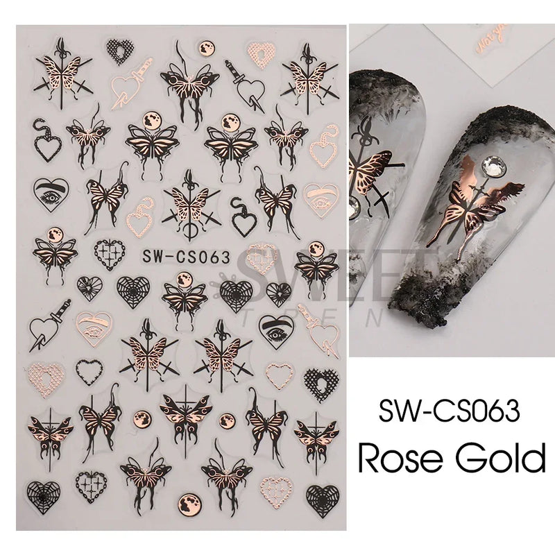 3D Snake Laser Stickers for Manicure Black Gold Abstract Leaves Luxury Nail Art Adhesive Slider Polish Decor Decals SASW-SJ