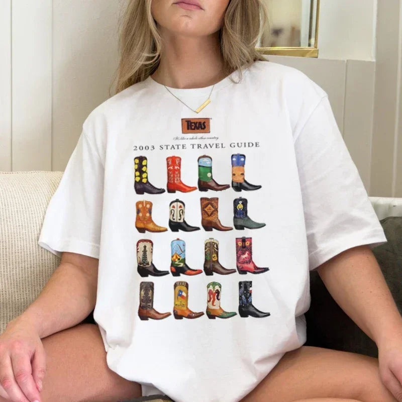 Western Country Women T-Shirts Cowboy Boots Printed Retro Graphic Tees Cute Aesthetic Vintage Cowgirl Tops Fashion Travel Shirt