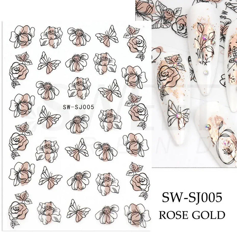 3D Snake Laser Stickers for Manicure Black Gold Abstract Leaves Luxury Nail Art Adhesive Slider Polish Decor Decals SASW-SJ