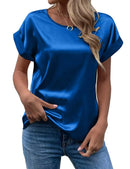 Spring and Summer New Women's Short Sleeve Satin Shirt Loose Casual Round Neck Colored Ding T-shirt Women