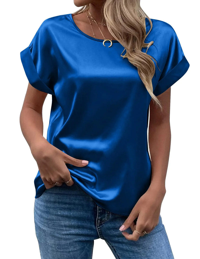 Spring and Summer New Women's Short Sleeve Satin Shirt Loose Casual Round Neck Colored Ding T-shirt Women