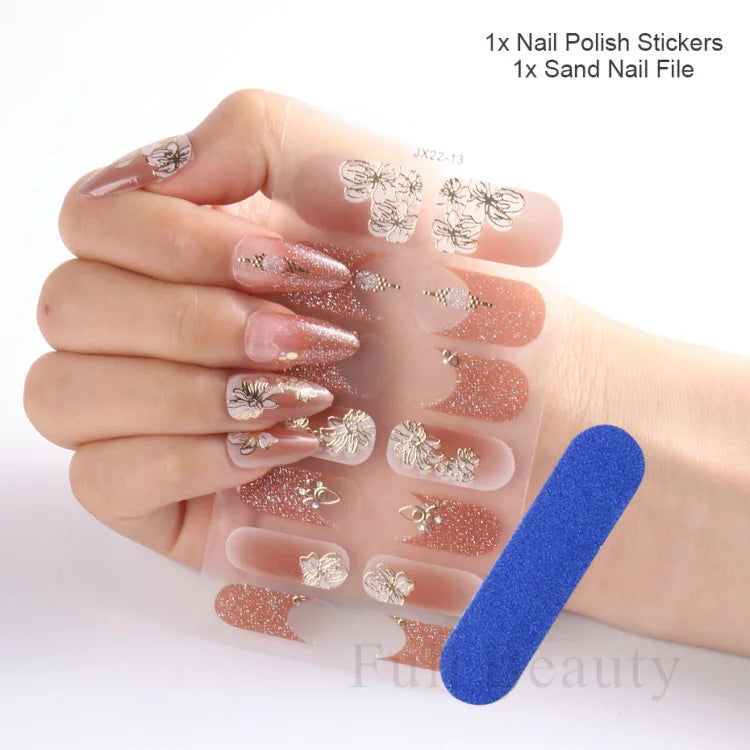 Gel Nail Stickers Lacquer Strips Full Cover Adhesive Slider Wraps With Line Foil Design Sanding File Nail Art Accessories LAJX22