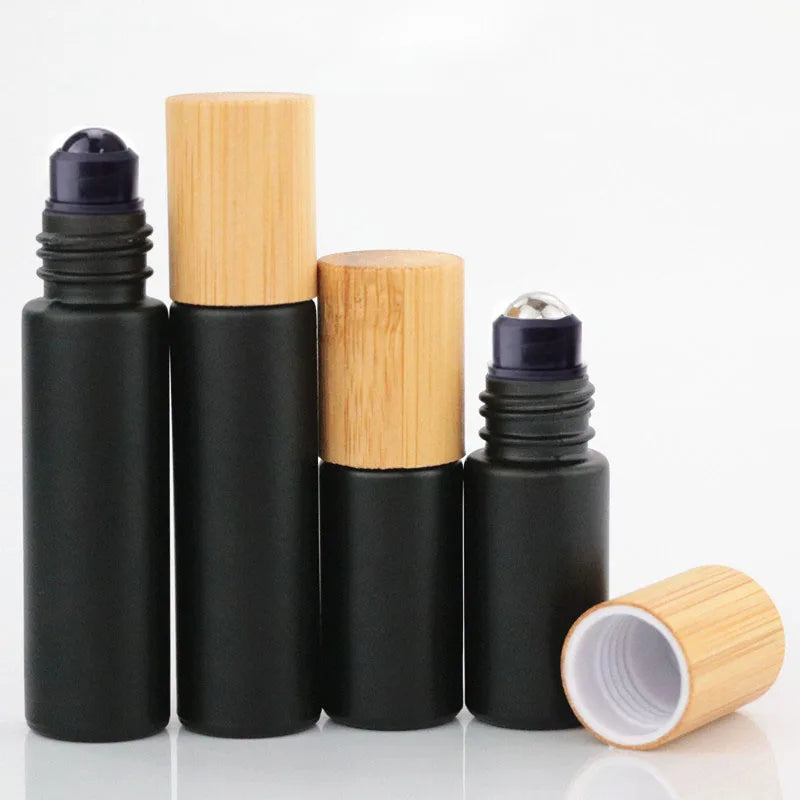 1X 10X 5ML 10ML Glass Black Roll On Bottle Essential Oil Natural Obsidian Ball Roller for Perfume Aromatherapy Refillable Bamboo