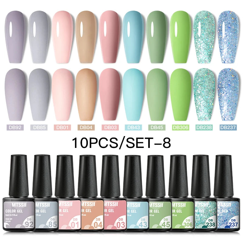 Mtssii 10PCS Reflective Gel Nail Polish Set Fluorescent Glitter Semi Permanent Hybrid Gel Varnish Soak Off UV Lamp For Manicure