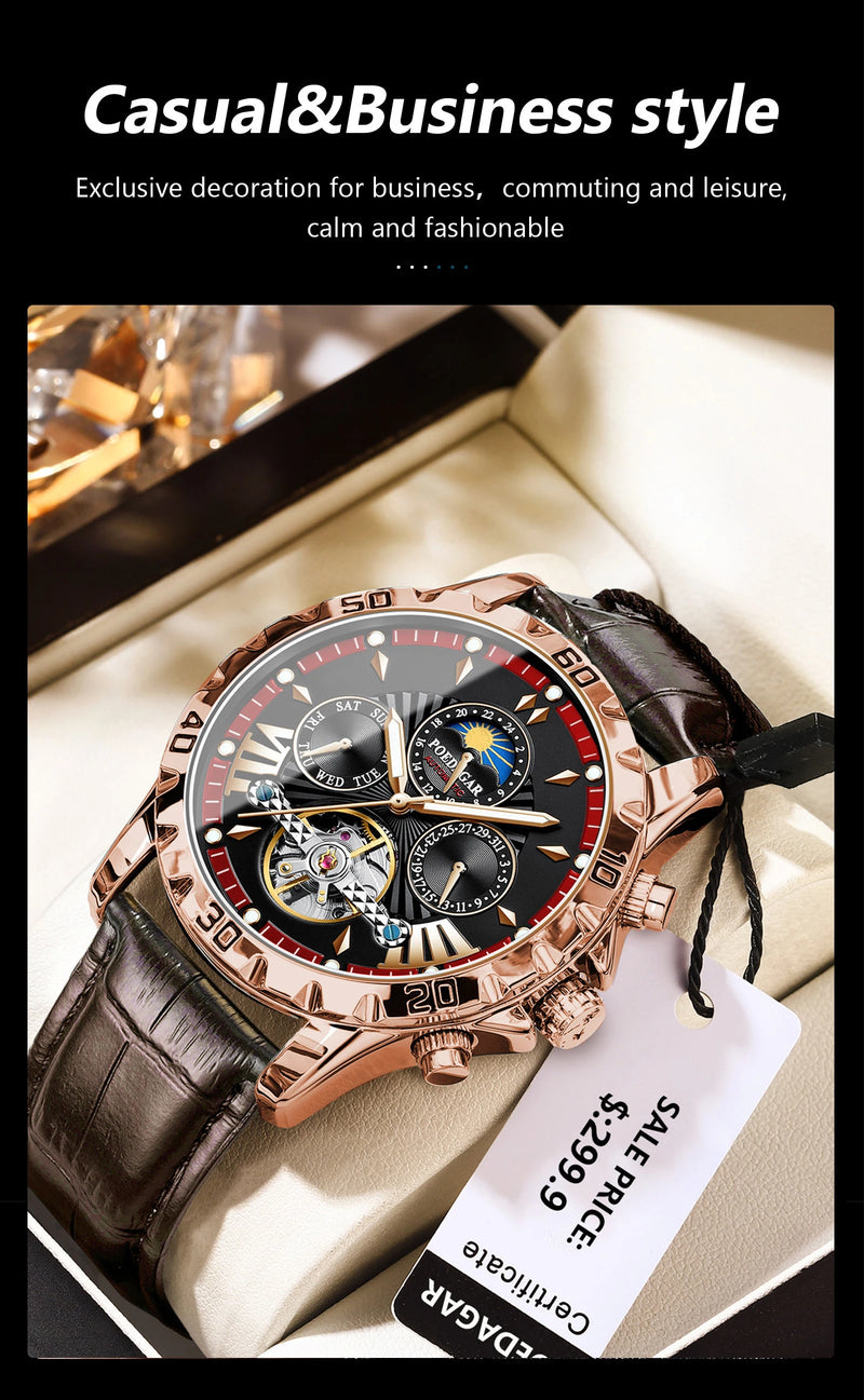 POEDAGAR Tourbillon Automatic Mechanical Wristwatch Waterproof Luminous Date Week Leather Men Watch Luxury Fashion Men's Watches
