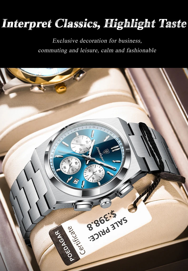 POEDAGAR Luxury Man Quartz Watch Waterproof Luminous Date Chronograph Watches For Men Stainless Steel Fashion Men's Watch Reloj