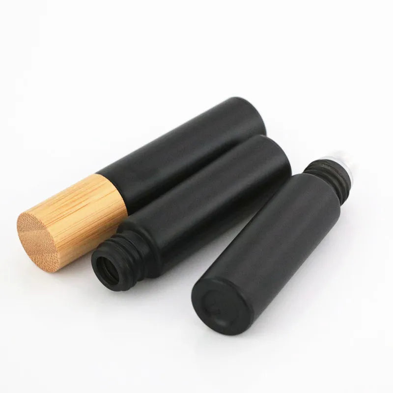 1X 10X 5ML 10ML Glass Black Roll On Bottle Essential Oil Natural Obsidian Ball Roller for Perfume Aromatherapy Refillable Bamboo