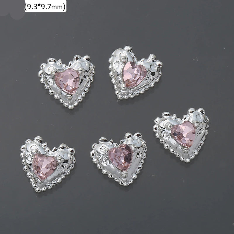 10Pcs Pink Metal Gem Zircon Nail Art Charm 3D Luxurious Heart Ribbon Cross Starlight Nail Decoration DIY Zircon Nail Accessories