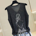 Hot Rhinestone Bright Silk Sleeveless Vest Women's Spring/Summer New Style V-neck Loose All-match Sling Knitted  Top T-shirt