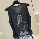 Hot Rhinestone Bright Silk Sleeveless Vest Women's Spring/Summer New Style V-neck Loose All-match Sling Knitted  Top T-shirt