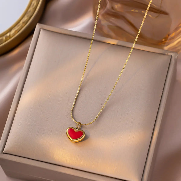 Mothers Day Red Heart Pendant Stainless Steel Gold Color Chain Necklace for Women Non Fading Jewelry Sweet Accessories Gift