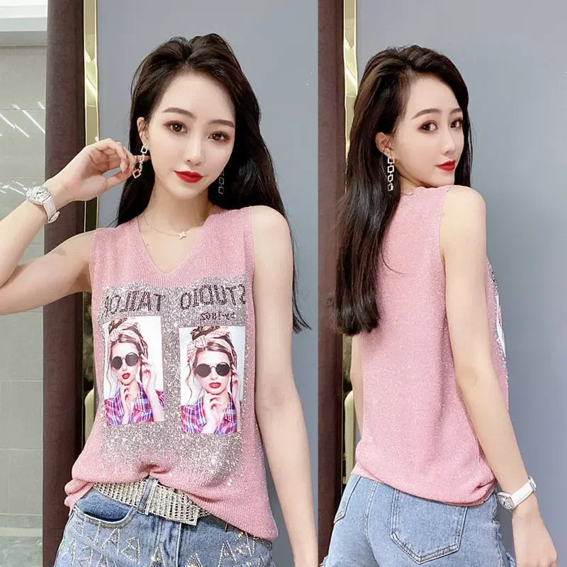 Hot Rhinestone Bright Silk Sleeveless Vest Women's Spring/Summer New Style V-neck Loose All-match Sling Knitted  Top T-shirt