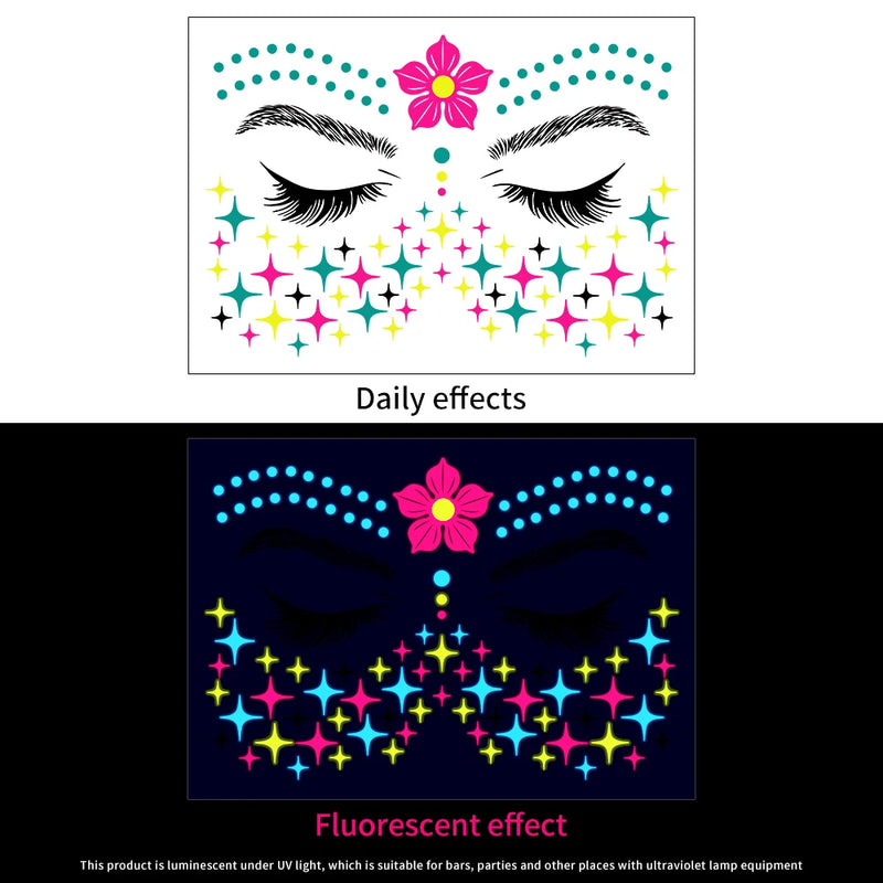 1Pc UV Neon Butterfly Flower Face Tattoo Stickers 14*15cm Waterproof Fluorescent Body Sticker for Club Party Makeup Face Sticker