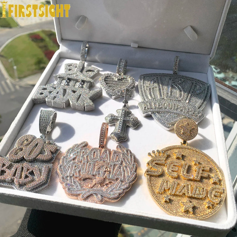New Iced Out Bling CZ Letter Cross Pendant Necklace Various Design 5A Zircon Two Tone Color Badge Charm Men's Hip Hop Jewelry