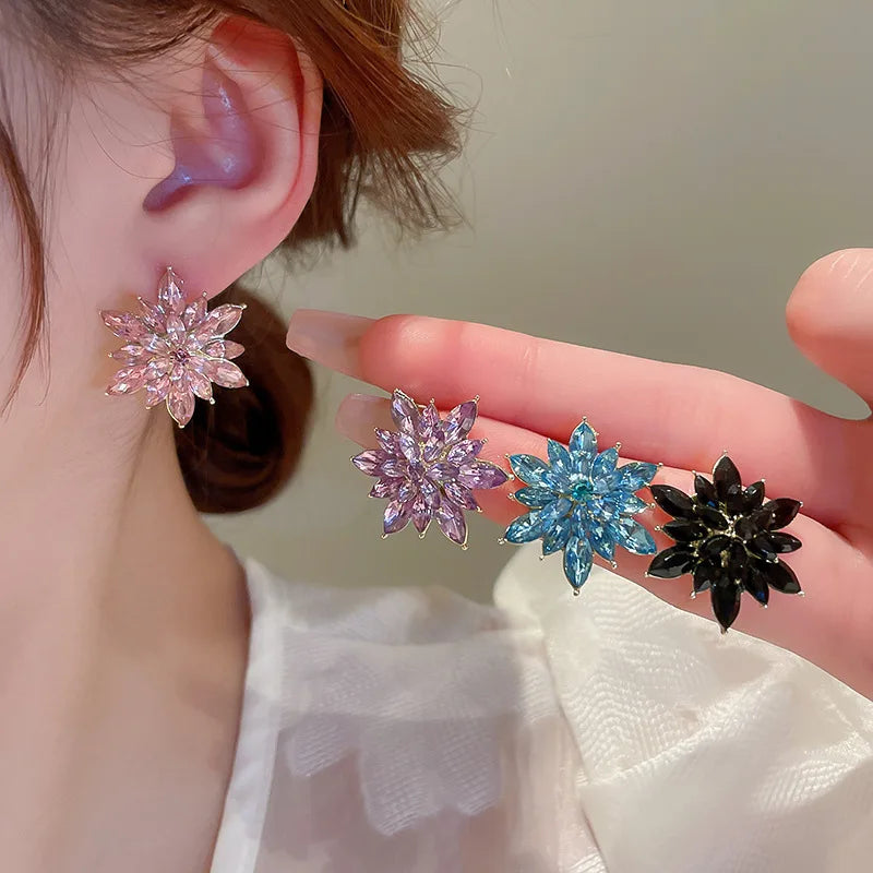 Exaggerated Luxury Crystal Flower Stud Earrings Women's Temperament Elegant Fashion Design Wedding Party Jewelry Valentine Gifts