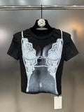 DEAT Fashion Trendy Women's Print Design Elastic T-shirt 2024 Summer New Items Round Neck Short Sleeves Tops Female 11XX9006