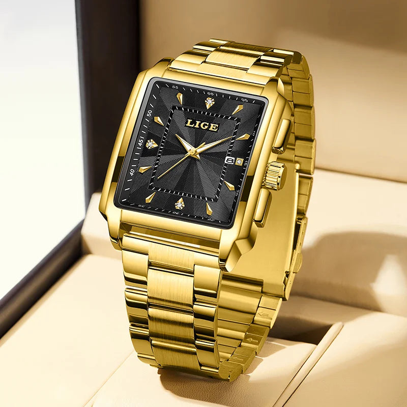 LIGE Gold Stainless Steel Men Watches Quartz Waterproof Luminous Male Clock Business Sport Mens Watch Luxury Calendar Man Watch