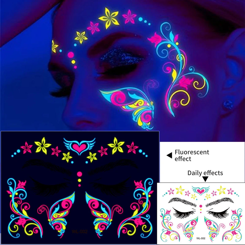 1Pc UV Neon Butterfly Flower Face Tattoo Stickers 14*15cm Waterproof Fluorescent Body Sticker for Club Party Makeup Face Sticker