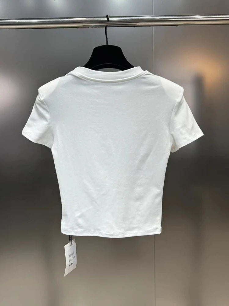 DEAT Fashion Trendy Women's Print Design Elastic T-shirt 2024 Summer New Items Round Neck Short Sleeves Tops Female 11XX9006