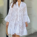 New Elegant V-neck Loose  Embroidery Party Dress Fashion Hollow Solid Lace Dress Women Sexy Ladies Dresses Casual Vestidos 27725