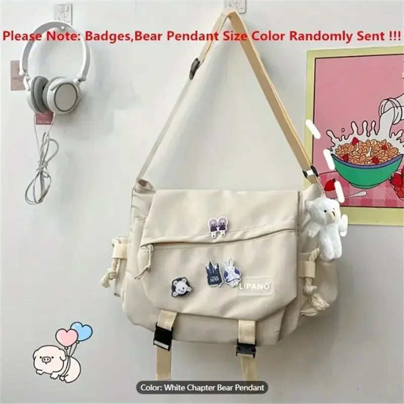Kawaii Pins Decor Messenger Bag, Release Buckle Decor Flap Crossbody Bag, Large Capacity School Bag