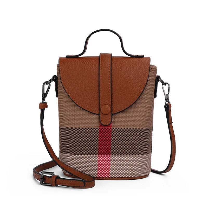 Aidrani  Fashionable women's mini bag, plaid single shoulder crossbody bag, canvas patchwork cowhide portable small bag