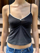 Folds V-neck Bow Black Tank Tops Women Lace Trim Cotton Sleeveless Slim Cropped Camisole Solid Vintage Sweet Summer Crop Top Y2k