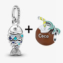 2Pcs/Lot Crystal Blue Scaled Fish Bead With Pendant Fit DIY Brand Charm Bracelet  For Women's Summer Jewelry To Making Gift